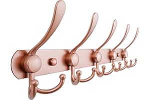 Dseap Coat Rack Wall Mounted - 5 Tri Hooks, Heavy Duty, Stainless Steel, Metal Coat Hook Rail for Coat Hat Towel Purse Robes Mudroom Bathroom Entryway, Rose Gold