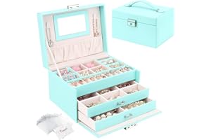 CASIWAFT Jewellery Box Organiser, 3 Layers PU Leather Jewelry Storage Case with Mirror and Lock, Lockable Jewellery Organiser with 2 Drawers for Rings, Bracelets, Earrings, Mint Green
