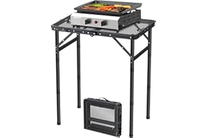 FUNYKICH Mesa Plegable para Barbacoa 58x40cm 3 Alturas Ajustables (26/48/70cm), Superficie de Malla Resistente al Calor con Asa de Transporte, Ideal para Camping, Jardín y Fiestas