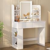 Devoko Makeup Vanity with LED Lights, Adjustable Brightness, Makeup Table with Mirror, with 2 Large Drawers and 4 Open Shelve