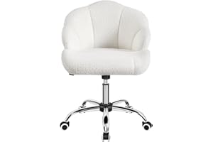 Yaheetech Teddy Boucle Vanity Office Desk Chair with Back & Wheels Dressing Table Chair Makeup Bedroom Upholstered Armless Swivel Chair with Shell Back for Home Office Snowy