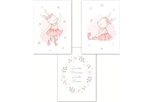 double critical Lemmami Papeterie 3er Set Boho Deko Wandbilder Kinderzimmer Babyzimmer Poster Bilder Mädchen Jungen (Rosa Ballett Hase Ballerina)