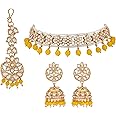 Jwellmart Gold Plated Faux Kundan Pearl Bridal Wedding Choker Necklace Earrings Tika Combo Set Bollywood Party Traditional Fashion Indian Jewelry Jewellery Set for Women