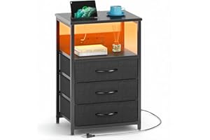 Seventable Bedside Table with LED Lights - Smart Beside Cabinet with Plug and USB, Storage Shelf and 3 Drawers - Slim Narrow Nightstand Small Spaces for Living Room, Bedroom - Black