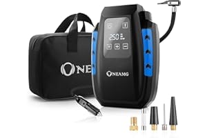 OneAmg Compresor de Aire Eléctrico Portátil Alimentado con Manómetro 12V con LED Luces de Emergencia para Hinchar Neumático de Moto Coche y Bicicleta (Negro)