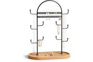niffgaff 12.9'' Jewelry Stand Jewellery Organiser Necklace Earring Holder Necklace Display Stand Hanging Ring Bracelet Storage Black With Wooden Tray