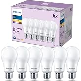 PHILIPS - A60 LED Bulb 13W (Eq. 100W) 1521 Lumens, E27 Socket, Warm White Light (2700k) - Pack 6 Bulbs