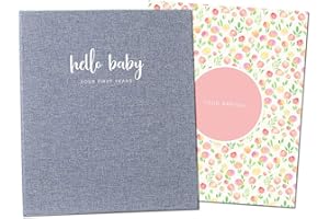 Peachly Baby Book Keepsake for Girls | Baby Memory Book | Milestone Journal | First Five Years Memory Book | Grey Linen - Botanica