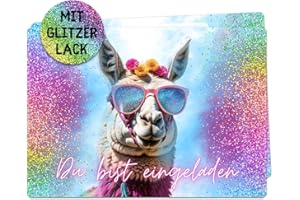 celebr8te 12x Party Lama Glitzer Einladungskarten - Für den Kindergeburtstag von Mädchen - Lustige Alpaka Geburtstagseinladungen mit hochwertiger Verarbeitung