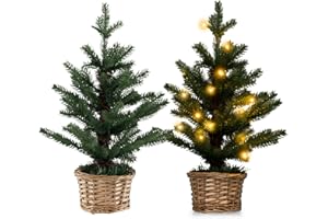 COSTWAY Mała choinka 48 cm, podświetlana mini choinka, 20 diod LED w kolorze ciepłej bieli, sztuczna choinka na stół, choinka z doniczką z wikliny i timerem, choinka do domu, biura