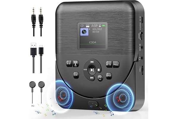Lecteur CD Portable, FELEMAN Lecteur CD Bluetooth avec Haut-parleurs/écouteurs/écran, Rechargeable Player Voiture avec émetteur FM, avec Lecteur de Carte TF Câble AUX 3,5 mm, Noir