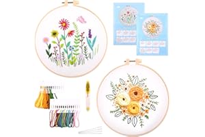 funvce Embroidery Kits for Adults, 2 Sets Embroidery Craft Kits for Adults, Including Cloth with Floral Patterns, Colored Threads, Needles, Hoops, Scissors and Instructions