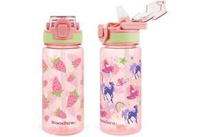 wooshwa Gourde Enfant avec Paille 600ml Anti Fuite sans BPA, Verrouillage Sécurisé, 2 Pièces Bouteille d'eau pour Fille Garçon Enfants L'école Sport Voyage - Fraise & Licorne