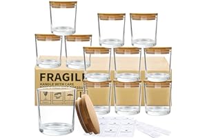 CONNOO Confezione da 12 barattoli per candele in vetro trasparente con coperchio in bambù per realizzare candele, barattoli vuoti di grandi dimensioni con coperchi in legno, contenitori per candele