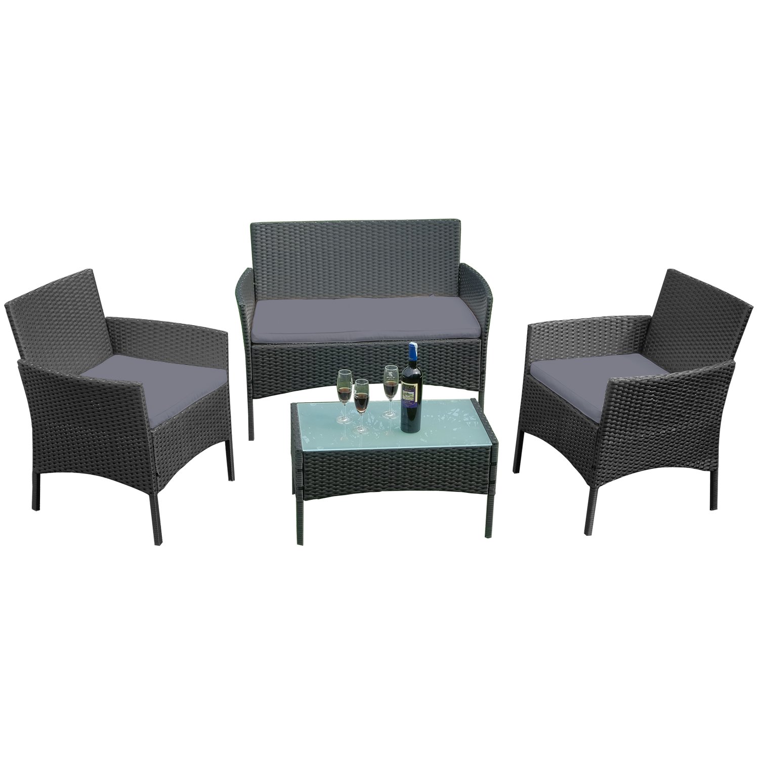 UISEBRT Balkonmöbel Set - Gartenmöbel Set Polyrattan Sitzgruppe Lounge mit 2-er Sofa, Tisch, Singlestühle und Anthrazit Sitzkissen, Schwarz