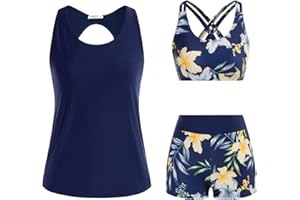 JASAMBAC Tankini Maillot De Bain Femme 3 PièCes pour Femme Imprimé Floral ContrôLe du Ventre Bikinis AthléTique Maillot De Bain Modeste Shorty