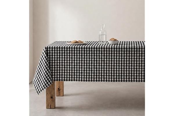GAMUSI Fläcksäker bordsduk rektangulär Vichy-ruta, vattentät bomull, 140 x 300 cm svart färg