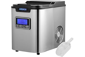 Arebos Ice Cube Maker, Ice Cube Maker, 12 kg / 24 Hours, 10-15 Minutes Production Time, 3 Ice Cube Sizes, 2.2 L Water Tank, Ice Cube Maker, Timer & LCD Display, Self-Cleaning Function
