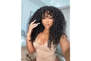 CLASSINE Kinky Curly Human Hair Wig with Bangs Onda d'acqua capelli parrucca umana con frangia Glueless Brasiliana Curly Wig with Bang for Black Women senza colla None Lace 16 inch (40 cm)