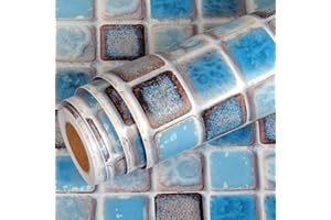 Livelynine Stickers Carrelage Papier Peint Adhesif Mosaïque Bleu Imperméable Autocollant Mural Vinyle Rouleau Épaissir pour Salle de Bain Credence Cuisine Credence Évier Plan de Travail 40CM X 5M