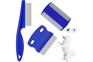 SUJIBHI 3 Pcs Flea Lice Comb Stainless Steel Pet Flea Combs Dog Cat Grooming Combs with Rounded Teeth Double Sided Pet Tear Stain Remover for Small, Medium & Large Pets (Blue)