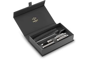 Zestaw upominkowy Parker IM Duo | pióro wieczne, długopis i etui | Pokryte stalą nierdzewną z chromowanymi wykończeniami | Końcówka medium | Wkłady niebieskie | Idealny prezent dla absolwentów