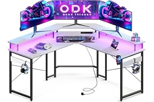 ODK Mesa Gaming con LED, Escritorio Gaming con Enchufes y Puertos USB, Mesa Escritorio Gaming con Soporte para Monitor, Blanco, 129x129 cm