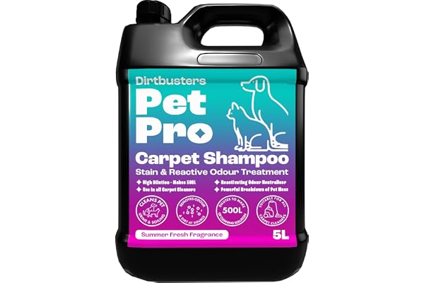 Dirtbusters Pet Pro Solution de shampooing nettoyant en profondeur avec neutraliseur d'odeurs pour enlever l'urine de chien et de chat, solution nettoyante pour tapis et machines à shampooing (5 l)