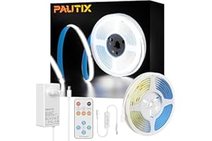 ‎PAUTIX PAUTIX COB LED Streifen kaltesWeiß 6000K,5m 480LEDs/M Dimmbar 24V Flexibel LED Strip lights Set mit RF Fernbedienung und GS Netzteil,CRI93+ Hell Unterbauleuchte für Home DIY Dekoration,Timerfunktion