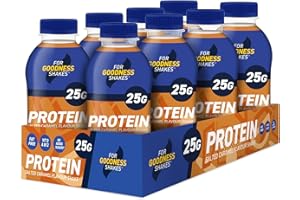 For Goodness Shakes Salted Caramel Drink, High Protein Fat-Free Ready-To-Drink, 25g Protein, Vitamin D & B-12, No Added Sugar, Low Calorie, 195 Kcal, Suitable For Breakfast, Pre, Post Workout, 8x435ml