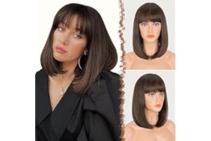 FESHFEN Kurze Kastanie Braun Bob Perücken mit Pony für Damen Mittellange Synthetik Perücken Gerade Haar Perücken für Frauen 35 cm