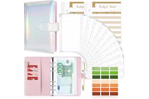 TAOPE Raccoglitore Budget A6, Portadocumenti in Pelle PU con 12 Trasparente Sacchetti Cerniera Compilabile 26pcs per Budget di Contanti Organizzatore di Buste Risparmio, Argento Laser - Rosa Interno