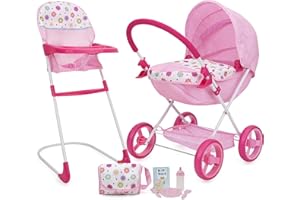 509 Crew Doll Pram n Feed 8 Piece Combo Play Set, Classic Doll Pram, Doll High Chair, Diaper Bag, 5 Piece Feeding Toys, for Dolls 46cm, Pretend Play for Kids Ages 3+