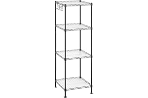 SONGMICS Bathroom Shelf, Metal Storage Rack, Total Load Capacity 80 kg, with 4 PP Sheets, Removable Hooks, 30 x 30 x 102 cm, Expandable Design, for Small Space, Black and Translucent LGR104B01