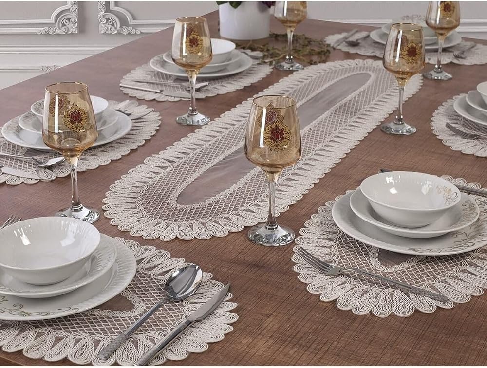 Tropik Home 6 Kişilik Amerikan Servis Supla Ve Runner Takımı 7 Parça Çeyiz Seti Nakışlı Masa Ve Sunum Seti Kırık Beyaz Vivien