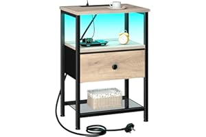 LOAKEKEL Bedside Table with Charging Station, Small Sofa Side Table with LED Light, Bedside Cabinet with Fabric Drawer and Open Storage Shelf, Nightstand for Living Room, Bedroom, Gray UHETS01GY-1