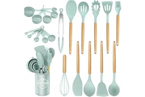 KAWAOLOGY Utensili da cucina in silicone 12 pezzi, set di utensili da cucina per pentole antiaderenti, al calore e antiaderenti con manico in legno per utensili senza BPA (verde chiaro)