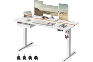 VASAGLE Escritorio Regulable en Altura, Mesa Regulable, Enchufe y Cajón, 60 x 140 cm de Encimera, Ajuste Continuo, 4 Funciones de Memoria de Altura, Blanco LSD114W01