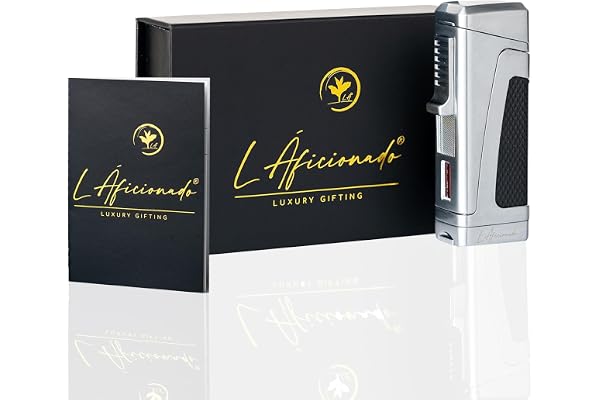 L Áficionado Trinitá Briquet Jet Flamme Luxe | Cadeau pour Homme | Rechargeable Butane | Coupe-Vent | Coffret Cadeau | Assistance à Vie | Argent Platine