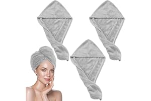 KASURE 3 Pieza Toalla Microfibra (Gris), Gorra para El Cabello con Botones, Absorción de Agua Suave, Secado Rapido y Anti Frizz para Cabello Largo, Rizado y Grueso