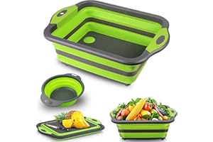 LAQULA Tabla de Cortar Plegable Multifuncional con Contenedores de Colador, Tabla de Cortar de Silicona de Grado Alimenticio, Escurridor de Lavabo, Colador para Cocina (con un Cuenco Plegable)
