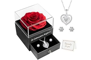 Miofula Rose Eternelle Coffret Cadeau Femme, Rose Éternelle avec Argent 925 Collier Boucles d'oreilles Bijoux Cadeau Anniversaire Femme Maman, Fleur Eternelle Cadeau Noel Saint Valentin Fete des Meres