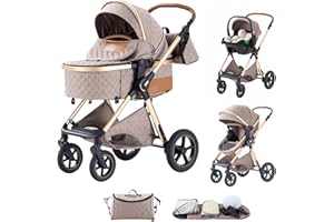 Shineey Poussette 3 en 1, Poussette Bébé Compacte Réglable en Hauteur Avec,Trio Cadre en Alliage d'aluminium Haut Paysage système de voyage (H2KHAKI, H2)