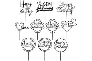 MOGADEE® 10 Stück Schwarz Happy Birthday Tortendeko Set, Acryl Glitter Cupcake Topper, Girlande Herze Sternen Cake Topper, Happy Birthday Kuchen Deko für Mädchen, Kinder, Hochzeit, Mutter(Schwarz)