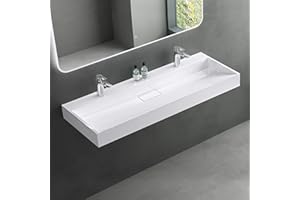 ‎MAI & MAI Mai & Mai Waschbecken Weiß Aufsatzwaschbecken Hängewaschtisch inkl. Ablaufgarnitur Mineralguss Rechteckig Waschplatz 2-Armaturenloch Breite: 120cm