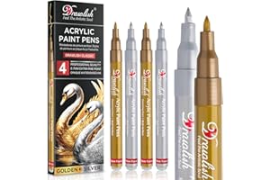 DRAWLISH Acrylic Paint Pens - Metallic Marker Pens 2 Gold & 2 Silver Acrylic Pen - Set of 4 Paint Markers 0.7mm Extra Fine Tip - Ideal for Fabric, Glass, Wood, Canvas, Ceramic, Porcelain, Rock Painting