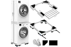 NIUXX universale di impilaggio e base mobile per asciugatrice e lavatrice, regolabile nelle dimensioni con corda a cricchetto e cestelli estraibili per lavatrici e asciugatrici per risparmiare spazio