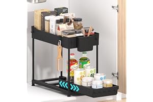 Dazhqp Under Sink Storage Kitchen Organiser, 2 Tier Sliding Kitchen Storage Organisation, Multi-Purpose Cupboard Organiser (Black)