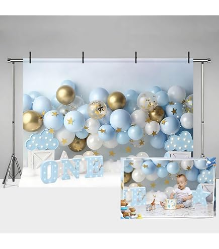 MEHOFOND Fotohintergrund 2,4x1,8m – Blaue-braune Heißluftballons Mit Wolken, Für Babyfotos, Cake Smash, Feiern, Aus Polyester