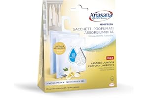 Ariasana Minifresh Coccole di Vaniglia Sacchetti profumati, Sacchetti assorbi umidità armadio e deodoranti 2 in 1, Profumatore armadio, cassetti e piccoli ambienti, sacchetti 2x50g